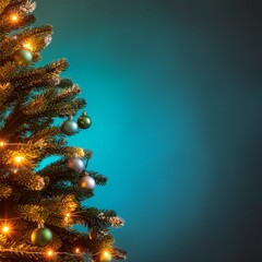 Festive Merry Christmas and Happy New Year Card with Green Spruce Tree and Lights on Blue Winter Background &ndash; Holiday Seasonal Design with Copy Space