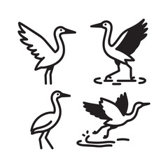 Fototapeta premium Bird Silhouettes, Elegant Heron and Crane Vector Illustrations. 