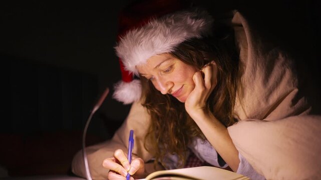 At night, cheerful woman wearing santa hat is lying in bed, smiling as she writes warm christmas letter to santa claus or cherished loved one, illuminated by the soft glow of a small lamp