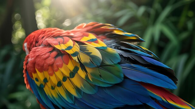 Vibrant scarlet macaw preening its feathers amidst lush green tropical foliage bathed in soft sunlight - Powered by Adobe