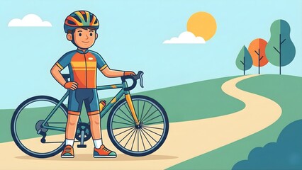 Fototapeta premium Young male cyclist standing confidently with a road bike on a winding path in a sunny green landscape vector illustration.