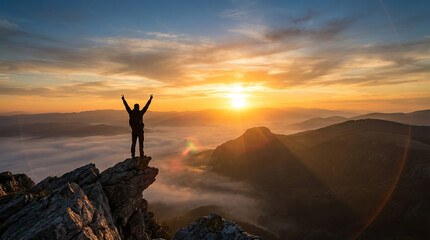 Success, freedom, and achievement as a hiker stands victoriously on a mountain peak watching the sunrise over clouds.