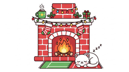 Naklejka premium Cozy christmas fireplace scene with a sleeping cat and festive decorations including stockings lights holly a gift and a mug of hot chocolate
