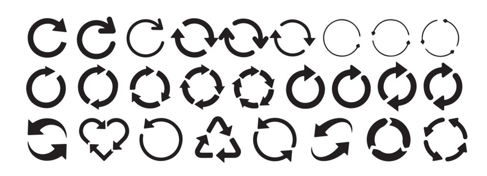 Set of black refresh and recycling arrows collection. web arrows, web design, mobile apps, navigation, website icons