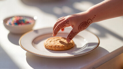 Child with henna design reaching for cookie on plate  