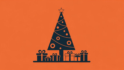 A minimalist dark blue silhouette of a decorated christmas tree with a star on top and several gift boxes at its base set against a vibrant orange background