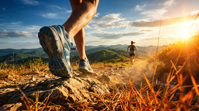 Endurance and determination concept with athletes trail running on a mountain path during a beautiful golden sunset. - Powered by Adobe