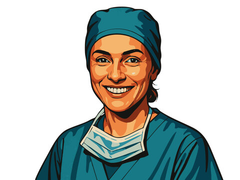 happy female medical professional in scrubs and surgical cap, perfect for healthcare or hospital themes. vector colorful pop art illustration.
