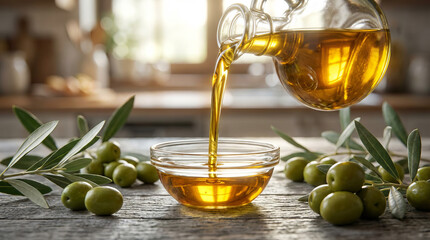 Golden extra virgin olive oil pouring from a glass jug into a bowl, with fresh green olives on a rustic wood table.