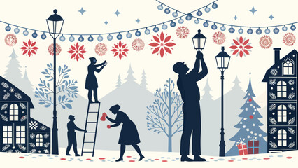Festive holiday season preparations with people decorating street lights and houses with ornaments vector