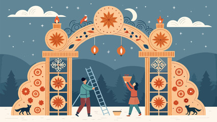 Charming winter festival preparation scene with vintage decor and festive spirit for celebratory events