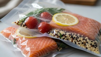 Vacuum-sealed salmon meal prep with lemon slice, tomatoes, quinoa and herbs captured in a wide diagonal angle for clean healthy food and cooking themes
