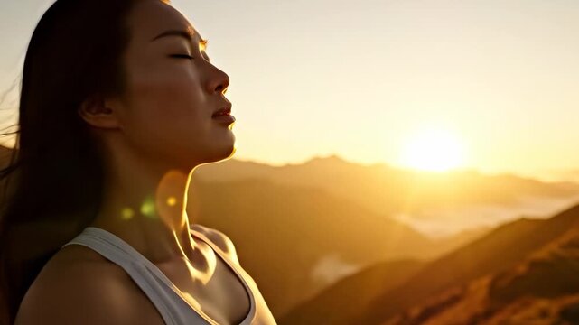 Woman meditating at sunrise, peaceful atmosphere in the mountains, wellness and mental health video