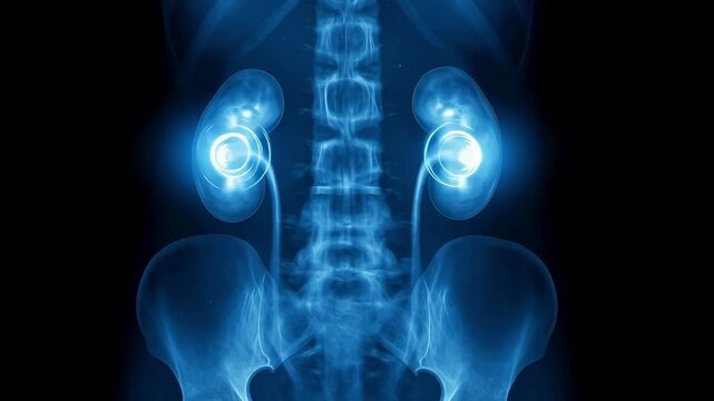 X-Ray View of Kidney Stone Lithotripsy, Glowing Urinary System Shockwave Therapy