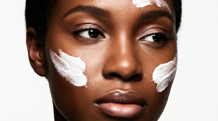 Close-up of an african american female with radiant skin applying moisturizing cream, showcasing the concept of healthy skin and self-care beauty routine. Young woman portrait acne treatment 