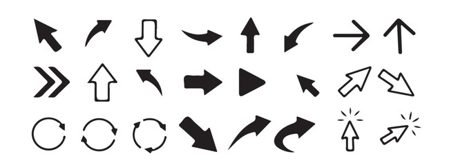 Collection of black arrow icons including various pointers mouse cursors and refresh symbols design element