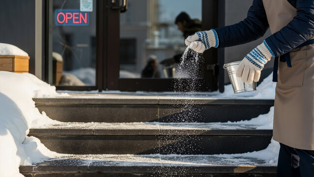A business owner treats Icy stairs with salt before opening, a photo for articles on small business liability and winter care.