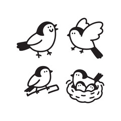 Cute Birdie Cartoon Set, Singing, Flying, Perching, and Nesting Illustrations.