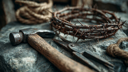 Close-up of a symbolic representation of Jesus Christ’s crown of thorns with nails, hammer, pliers, and rope on stone, evoking sacrifice, passion, and religious reflection.
