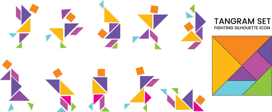 Tangram People Puzzle Set with 10 Color Shapes &ndash; Creative Fighting People Figures Vector Illustration