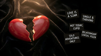 broken glossy red heart resting on dark velvet fabric with humorous messages