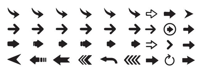 Set of black arrows isolated on white background indicating different directions and movements design element
