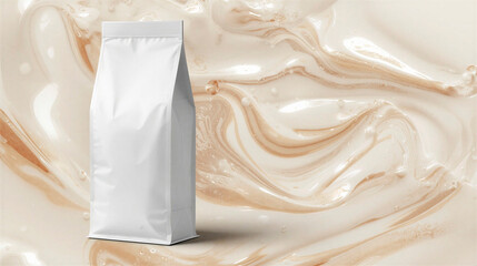 White coffee bag without label in mockup style on a light background coffee with milk, horizontal banner, free space for text, copy space