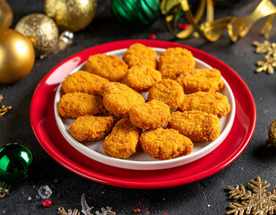 Chicken nuggets on a red plate in a Christmas theme