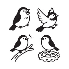 Cute Birdie Cartoon Set, Singing, Flying, Perching, and Nesting Illustrations.