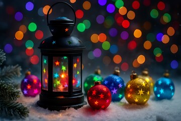 Glowing Christmas Lantern with Colorful Star Ornaments on Snow at Night