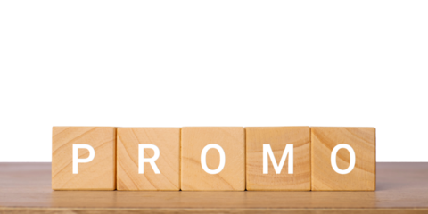 Wooden blocks with word promo for sale promotion concept, isolated on transparent background