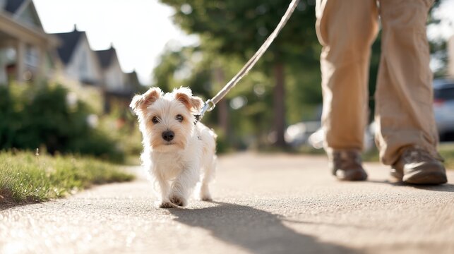 Dog enjoys a leisurely walk on a sunny day in a quiet neighborhood