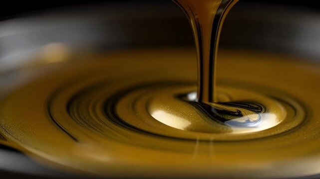 A close-up shot of a viscous golden-brown liquid pouring and swirling into a pool, creating ripples and reflections.