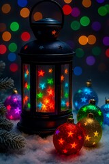Glowing Christmas Lantern with Colorful Star Ornaments on Snow at Night