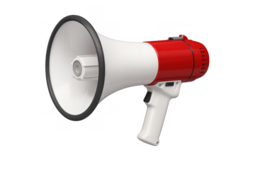 Megaphone with red and white body and black accents, emphasizing concepts of communication, alert, and urgent message on transparent background