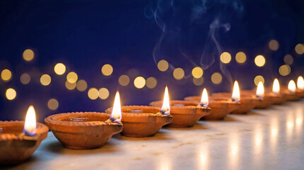 row of glowing clay diyas shining warmly against soft golden bokeh night
