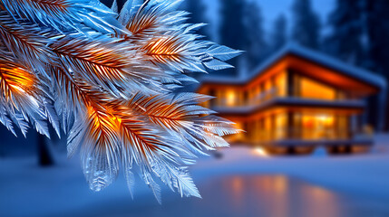 Stunning frosty fern fronds illuminated by warm interior lights of a cozy modern cabin nestled in a serene winter landscape