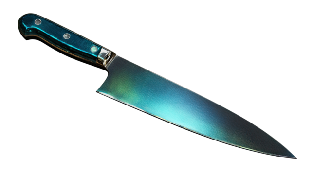 Professional metal chef knife with dark turquoise handle for kitchen cooking, culinary preparation, food photography and commercial product display isolated on white background