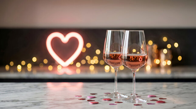romantic rose wine glasses on marble table with glowing heart lights