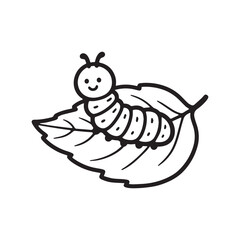 Cute smiling caterpillar resting on a leaf in simple bold outline style.