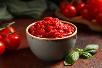 Bowl of tasty tomato paste with basil leaves and vegetables on dark background, closeup