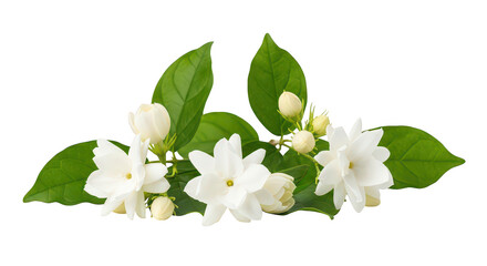 Fresh White Jasmine Flowers And Buds With Green Leaves On Black