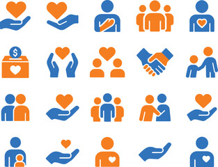 Set of vector illustrations for charity and community icons showcasing various forms of giving and unity