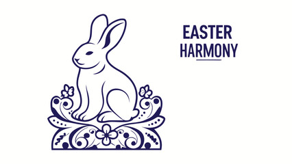 Fototapeta premium Elegant line art illustration of a stylized rabbit sitting on decorative floral elements with butterflies and the text easter harmony in dark blue on a white background