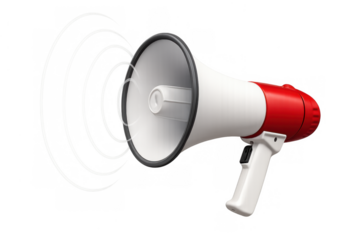 White and red megaphone generating sound waves, symbolizing public announcement, protest, warning, and attention