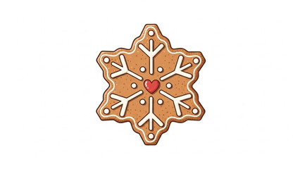 A festive snowflake shaped gingerbread cookie decorated with white icing and a red heart in the center perfect for winter holidays and celebrations