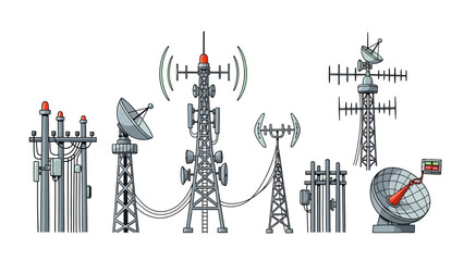 Vector illustration set of various communication towers, satellite dishes, and antennae for global broadcasting and wireless network connectivity