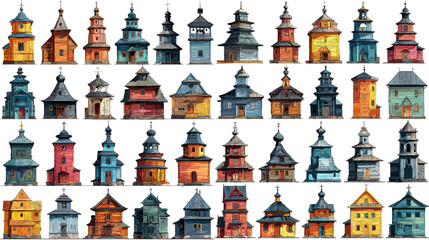 Illustration set of colorful wooden village houses featuring unique architectural shapes, rustic textures and cultural design elements. Suitable for heritage themes and creative landscape projects.