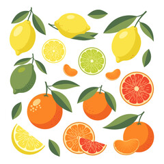 Vibrant Citrus Fruits Collection: Lemons, Limes, Oranges, Grapefruits & Tangerines with Leaves. Fresh Vector Illustration.