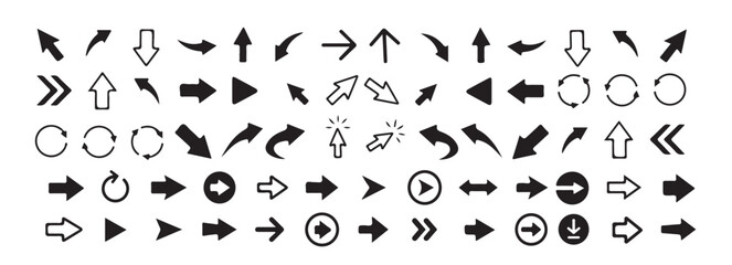 Large collection of black arrow icons in different styles and shapes for web and user interface isolated